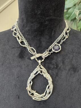 Silver Tone Layered Chain Oversized Open Teardrop Pendant Toggle Necklace